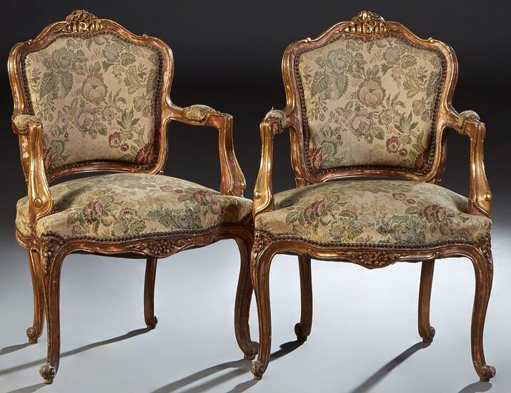 Pair of Louis XV Style Carved Giltwood Fauteuils, 20th