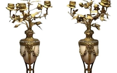 Pair of Louis XVI Style Bronze and Marble Four-Light Candelabra, Jeweled