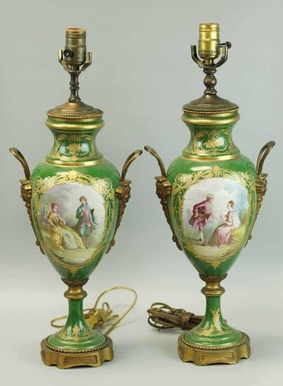 Pair of Sevres Green Porcelain Lamps