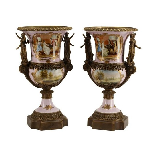 Pair of Sevres Style Dore Bronze Mounted Urns.