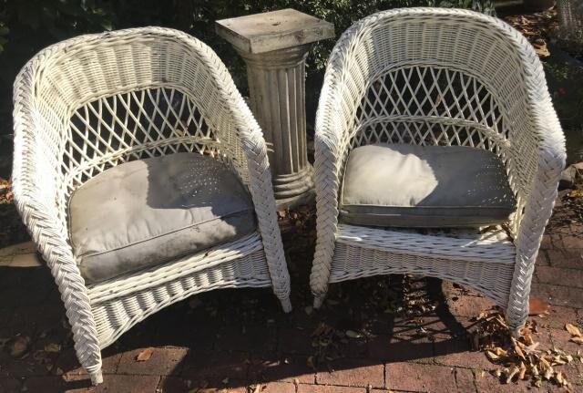 Pair of Vintage White Painted Wicker Armchairs