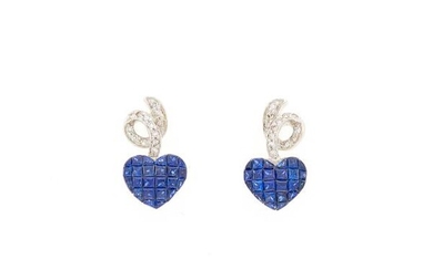 Pair of White Gold, Diamond and Invisibly-Set Sapphire Pendant-Earrings