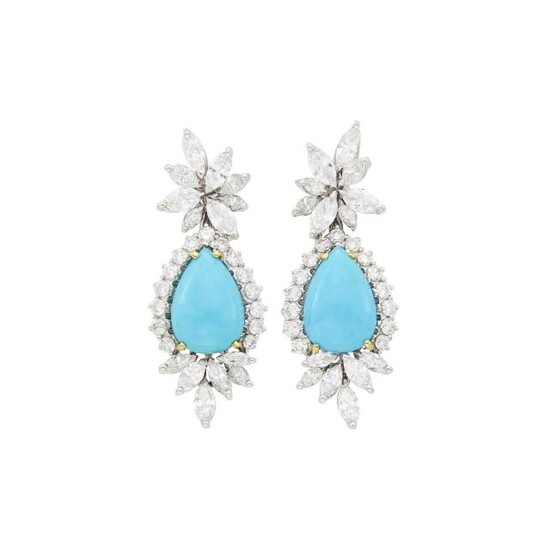 Pair of White Gold, Turquoise and Diamond Pendant-Earrings