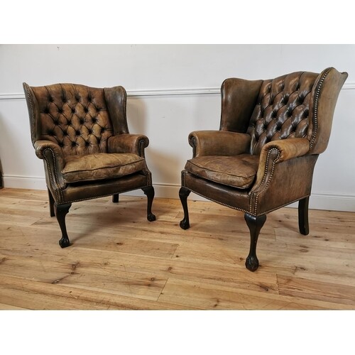 Pair of early 20th C. hand died brown leather deep buttoned ...