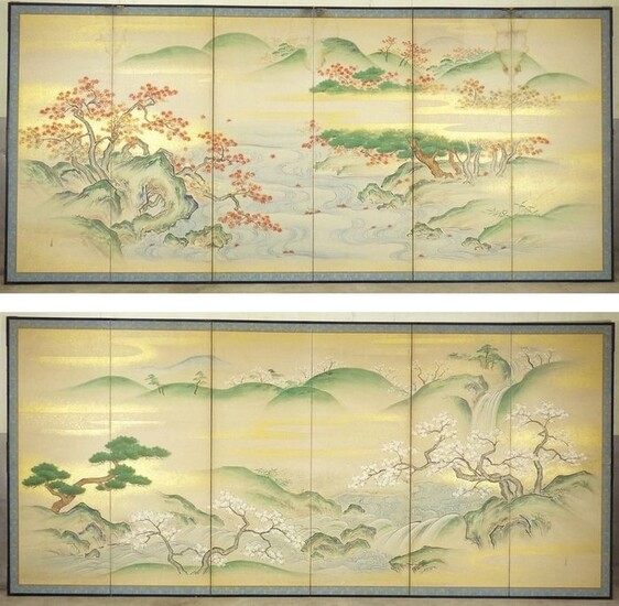 Pair of sixfold byobu (folding screens) - Wood , paper - Signed and sealed Ki Shigemasu 記重増 - Nunobiki Waterfall, Mount Yoshino, and Tatsuta River - Japan - Taishō period (1912-1926)