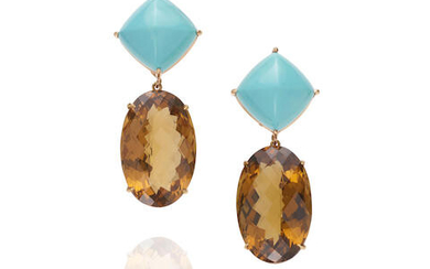 Paolo Costagli: Pair of Gold, Turquoise and Citrine Pendant Ear Clips