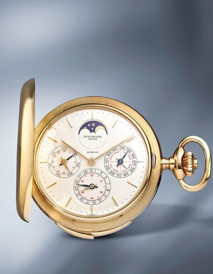 Patek Philippe, Ref. 881 An extremely rare and highly attractive yellow gold hunter case minute repeating perpetual calendar pocketwatch with moonphases and 24-hour indication