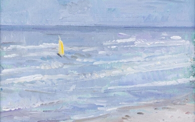 Paul Barton, British active 20th century- Seascape with boat; oil on canvas board, signed with initials lower right 'PB', 16.2 x 23.2 cm Provenance: the Estate of the late designer Anthony Powell (1935 – 2021)