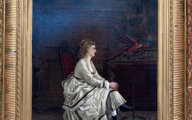 Paul-Désiré TROUILLEBERT (1829-1900) "Femme au perroquet" Huile sur toile signée en bas à droite 54...