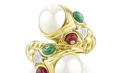 Pearl Multi-Gemstone and Diamond Bypass Ring, Italian