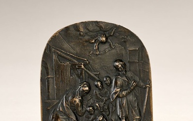 Plaque de baiser de paix en bronze. Figure La Nativité en semi-relief. XVIIème siècle. 7.5...