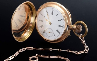 Pocket watch, triple cover RG 585, Monard Geneve, Rementoir, lever movement, 15 synth. ruby jewels, no. 10266 and 1026C, Roman numerals and Arabic numerals, 80g, Ø 5,1cm, watch cover floral engraved, dial with hairline crack and damage and RG 333...