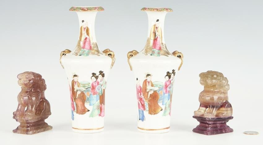 Pr. Chinese Rose Mandarin Vases & Pr. Amethyst Foo