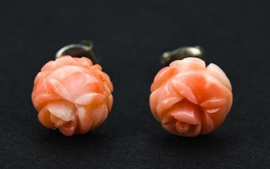 Pr Estate Carved Natural Coral Rose Stud Earrings