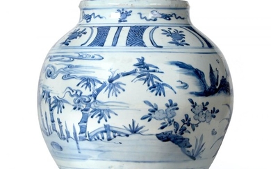 A Chinese Porcelain Ovoid Jar, Wanli period, painted in underglaze...