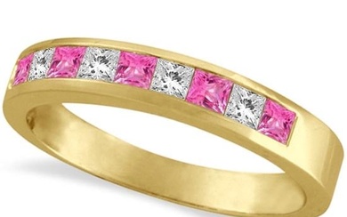 Princess Channel-Set Diamond and Pink Sapphire Ring Band 14k Yellow Gold