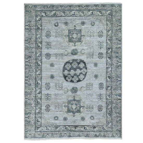 Pure Silk with Textured Wool Khotan Design Hand Knotted