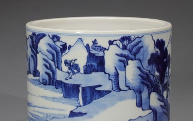 QING DYNASTY KANGXI PERIOD BLUE AND WHITE LANDSCAPE CHARACTER STORY PATTERN PEN HOLDER