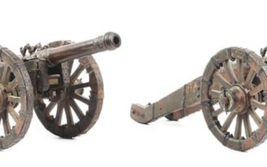 RARE AND IMPORTANT PAIR OF 17TH CENTURY CENTURY FIRING BRONZE CANNON MODELS ON CARRIAGES.