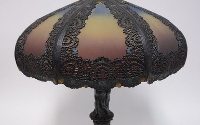 ANTIQUE REVERSE PAINTED TABLE LAMP W/ ORNATE METAL OVER