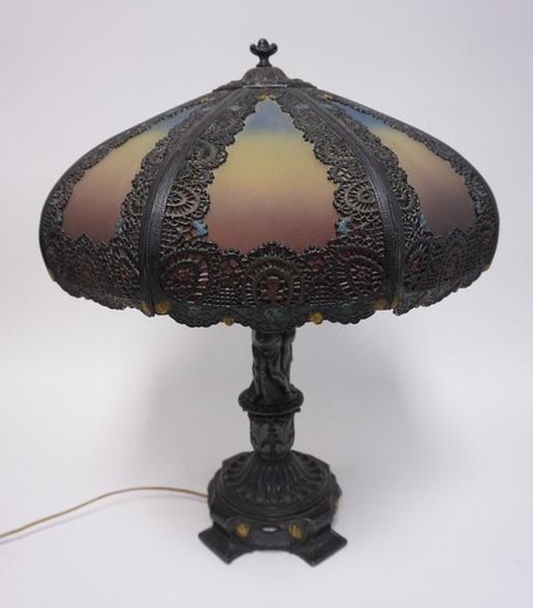 ANTIQUE REVERSE PAINTED TABLE LAMP W/ ORNATE METAL OVER