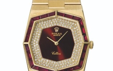 ROLEX. A RARE AND VERY ATTRACTIVE 18K GOLD, DIAMOND AND RUBY-SET WRISTWATCH WITH BRACELET, MADE FOR THE SULTANATE OF OMAN