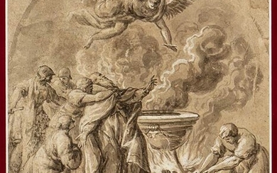 ROMAN SCHOOL, 17th CENTURY Sacrifice scene Watercolor and white lead...