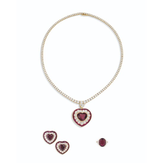 RUBY AND DIAMOND NECKLACE, EARRING AND RING SUITE