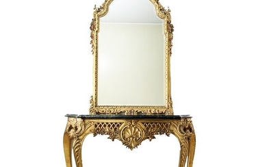Rare accreditation / console with mirror, in carved gilt - Rococo - Glass, Marble, Wood - 19th century