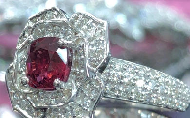 Red Spinel and Diamond Flower Ring