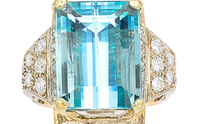 Retro Aquamarine, Diamond, Gold Ring Stones: Emerald-cut aquamarine weighing...