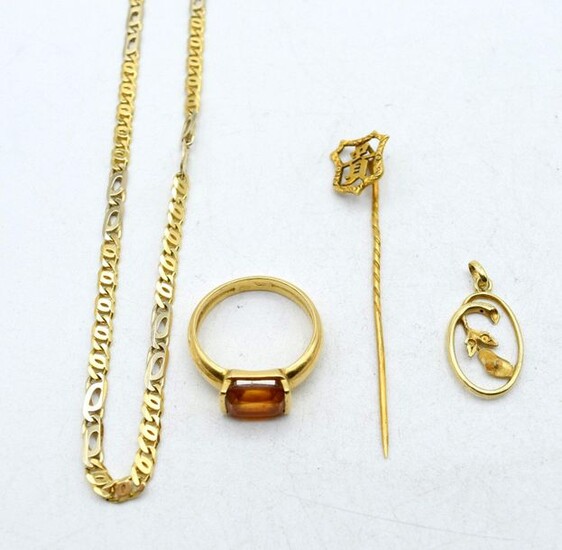 Ring, necklace, charm and pin in 18 ct yellow and...