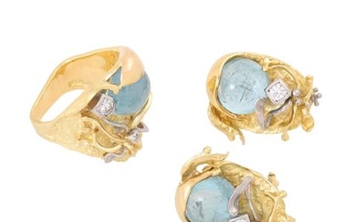 Ring und Ohrclipstecker mit Aquamarinen und Brillanten
