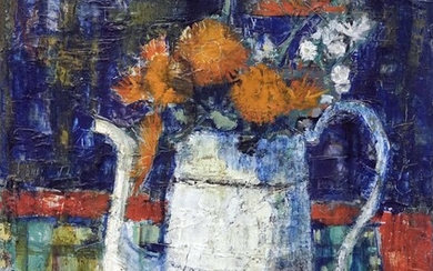 Robert VERNET-BONFORT (1934) Cafetière et fleurs, vers 1960. Huile sur toile signée en bas à...
