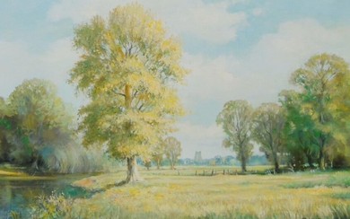 Roland Davies, British 1904-1993- Riverside landscape; oil on canvas, signed lower right, 50.5 x 77 cm (ARR)