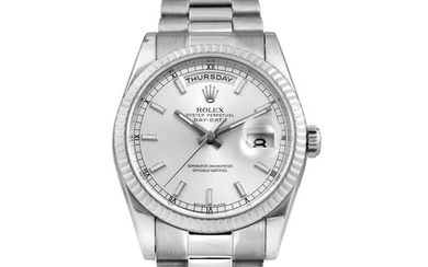 Rolex. A White Gold Bracelet Watch with Day and Date