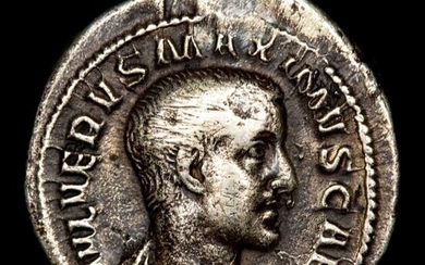 Roman Empire. Maximus (Caesar, 235/6-238). AR Denarius,Rome - PIETAS AVG, emblems of the pontificate: lituus, secespita, guttus, simpulum, aspergillum.