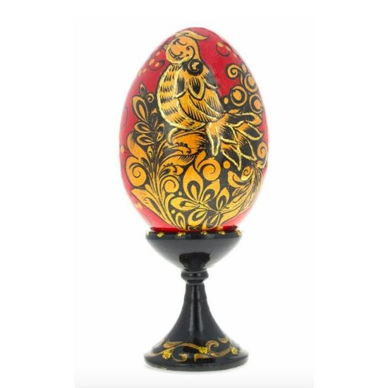 Russian Handpainted Golden Bird Wooden Egg On Stand