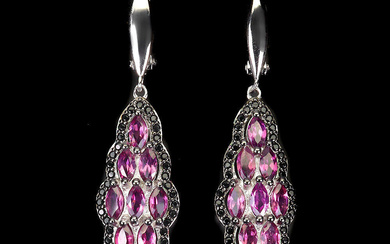 SILVER, PINK TOPAZ AND BLACK SPINEL DROP EARRINGS.