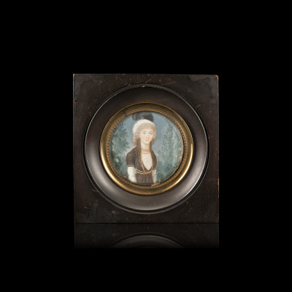 School of the early 19th century "Portrait of a Lady" round miniature (d. cm 6,5) Framed (defects)