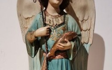 Sculpture, Archangel Saint Raphael - Brass, Copper, Wood, Polychrome stucco - Second half 19th century