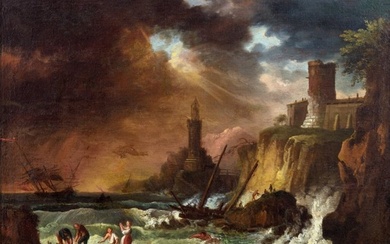 Scuola Francese (XVIII), maniera di Claude-Joseph Vernet - Marina in tempesta con naufragio