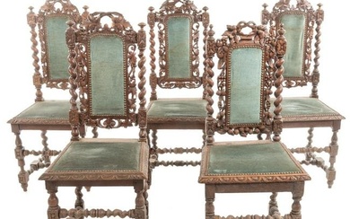 Set of 5 French Henry II Style Carved Oak Chairs