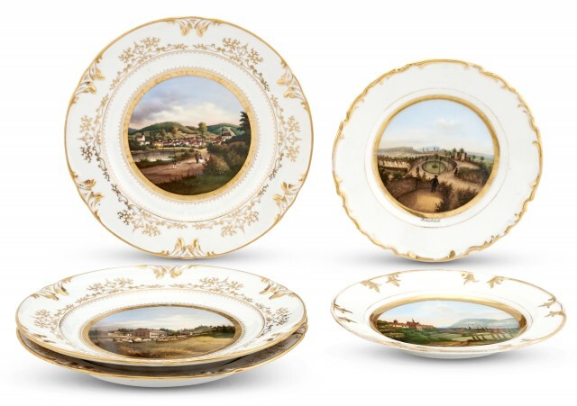Set of Three Gotha Porcelain Factory Gilt and Hand-Painted Porcelain Topographical Cabinet Plates