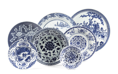 Seven Chinese Export Blue and White Porcelain Plates and Chargers