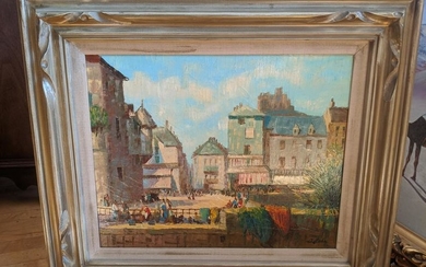 Signed C John Oil Painting European Town Square Scene
