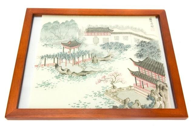 Signed Chinese Watercolor Painting of Temple