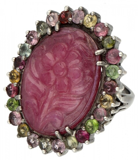 Silver cocktail rosette ring set with approx. 22.00 ct. floral cut natural ruby and approx...