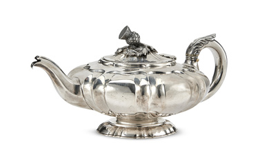 Silver teapot with ribbed body, leaf loop with bone nut, socket of the branch lid with pine cone and flower.…