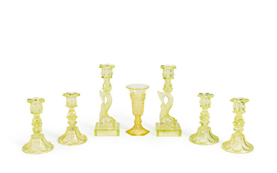 Six Yellow Pressed Glass Candlesticks and a Vase, America, mid-19th...